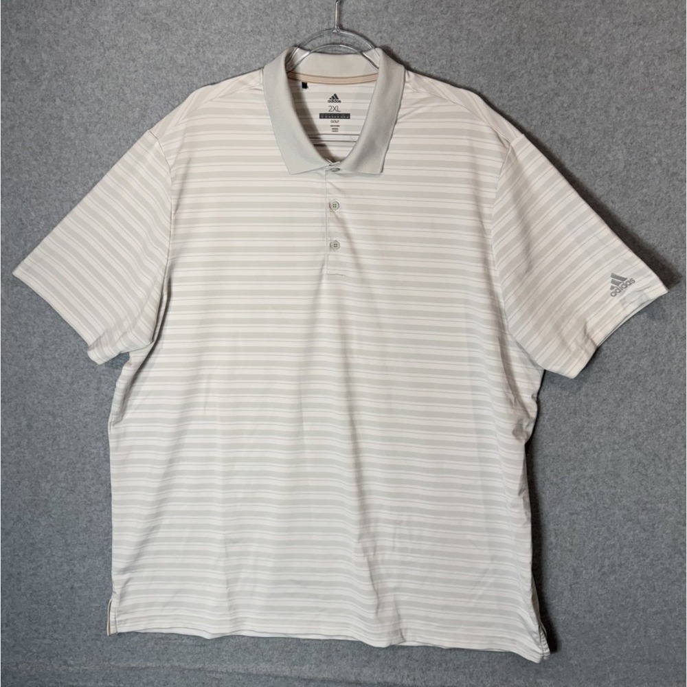 Adidas Golf Polo Shirt Mens 2XL Gray White Stripe Performance Short Sleeve Top